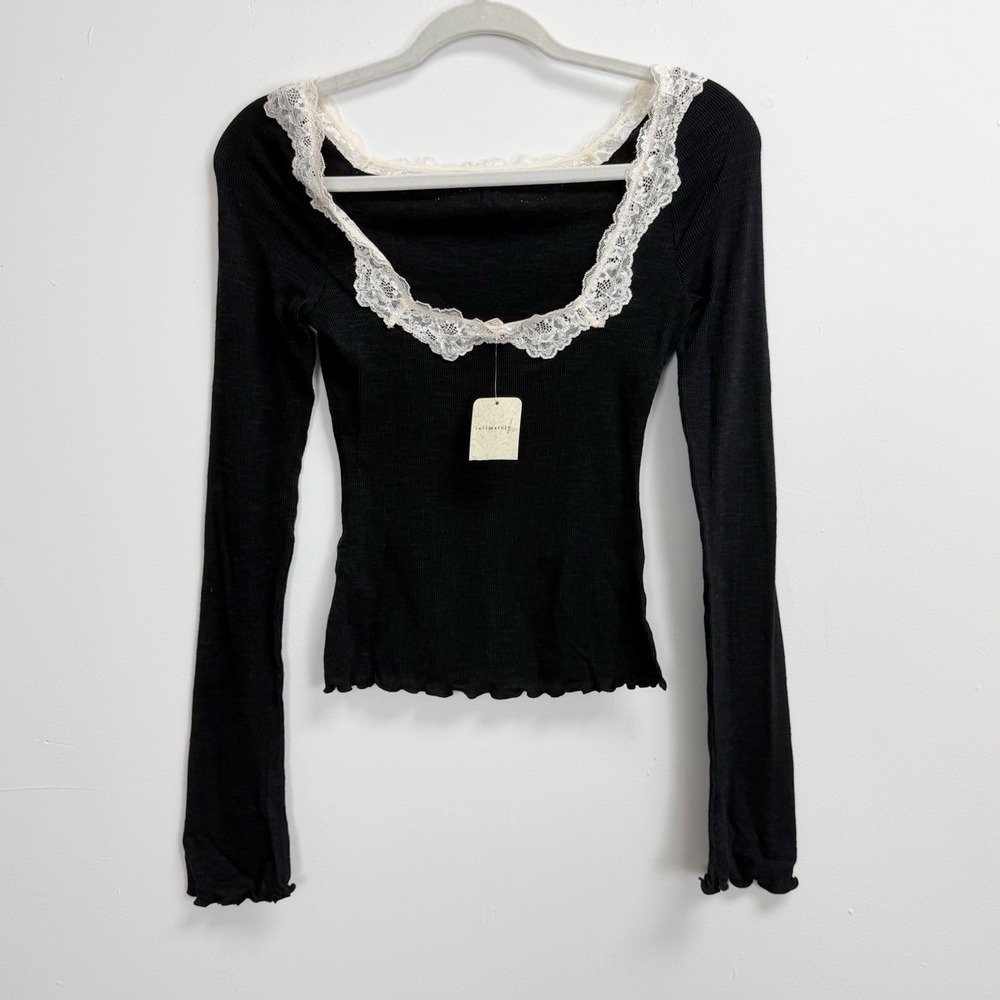 Free People Shirt Womens Small Black Oh My Darling Long Sleeve Top Lace Trim NWT